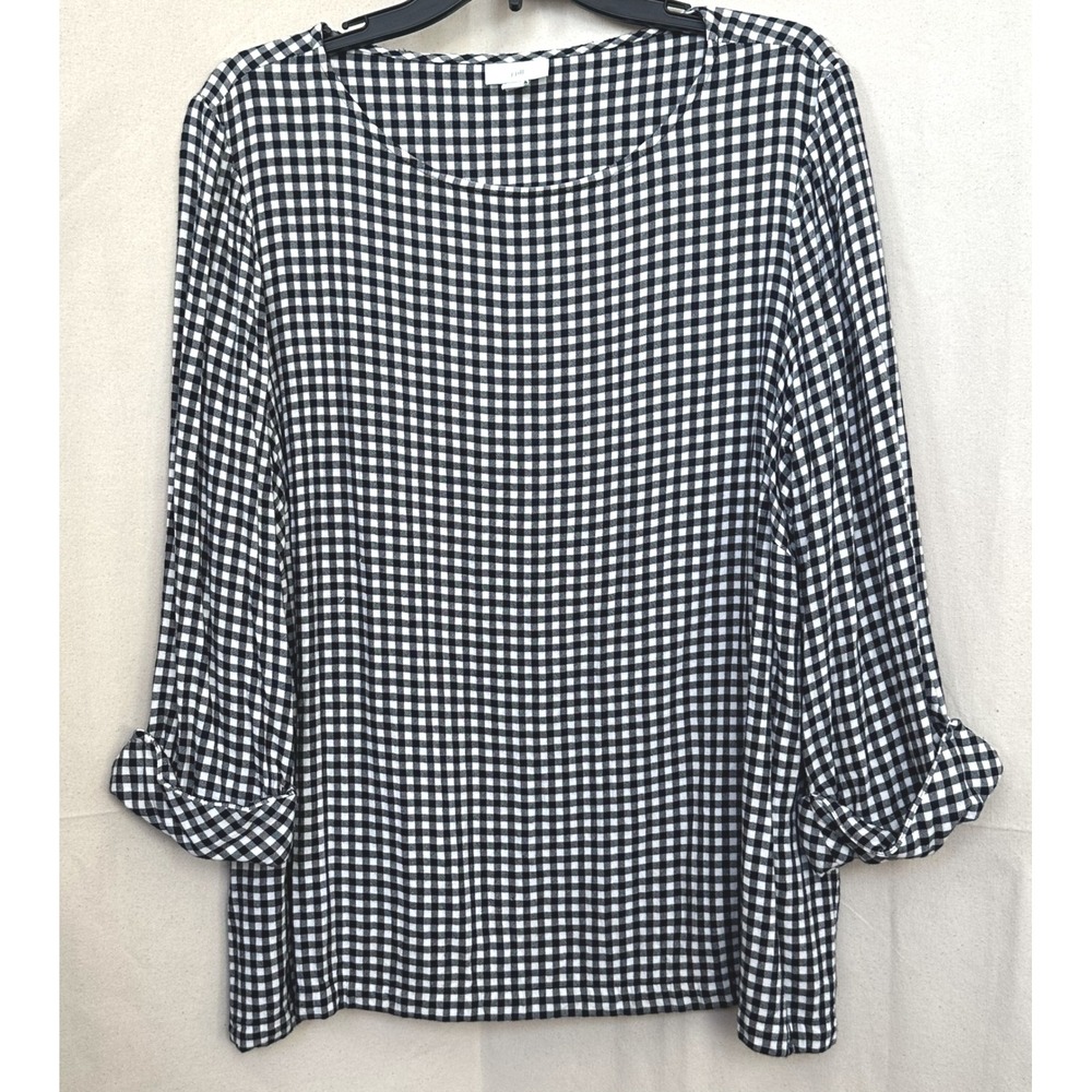 J Jill Womens Blk/Wht Gingham Check Cuff Arm 3/4 Sleeve Tunic‎ Plus Size 2X READ